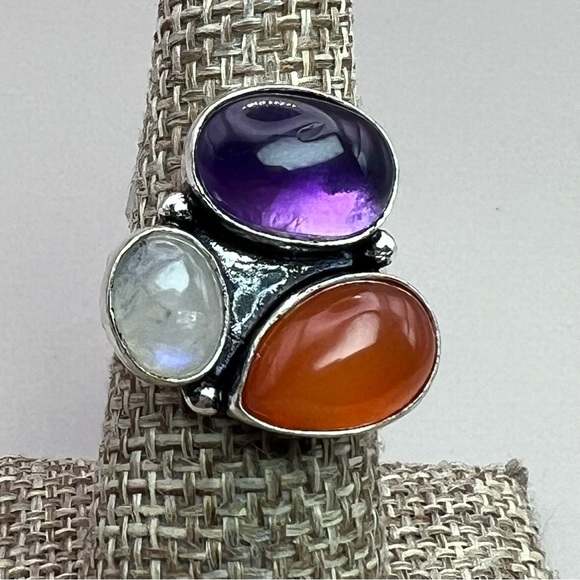 New Carnelian, Moonstone & Amethyst Crystal Multi Stone Silver Overlay Ring 6.25 - Picture 1 of 3